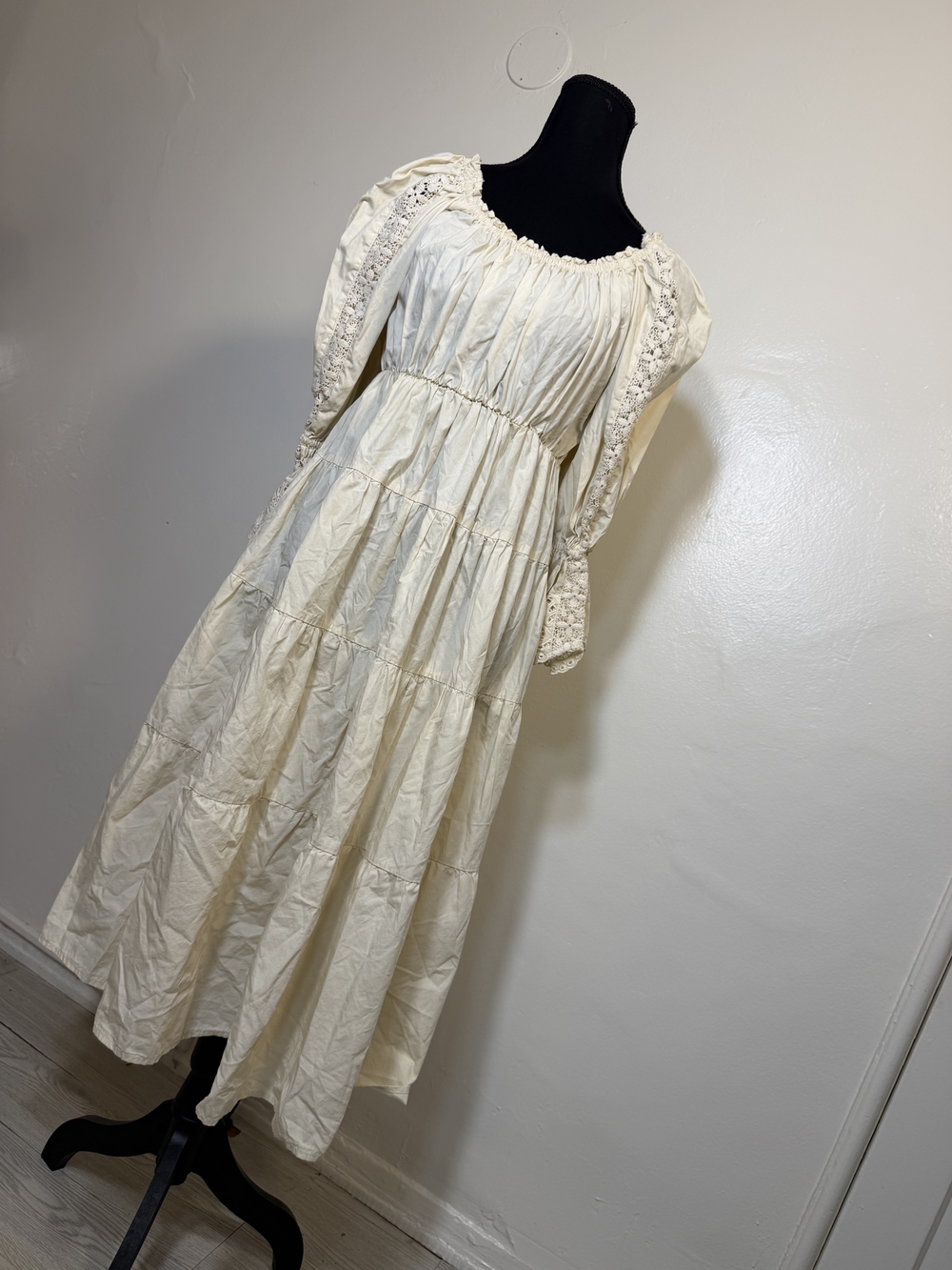 Cream Smocked Maxi Dress with Lace-Trim Sleeves